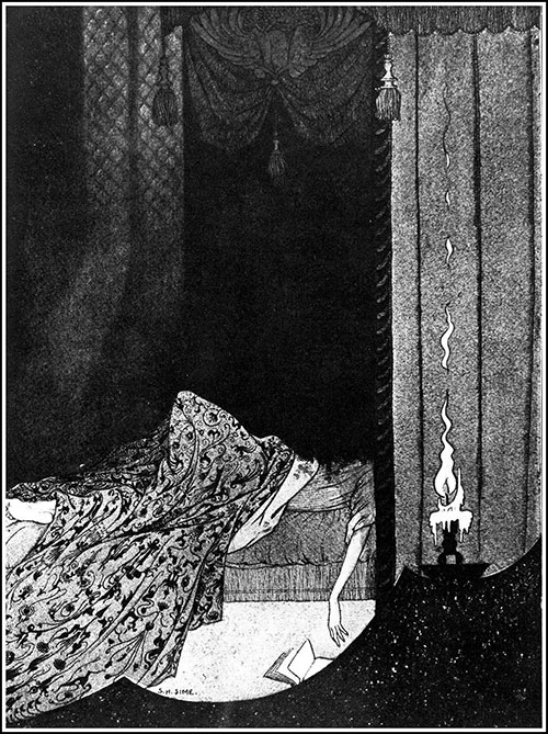 Gravure représentant une femme endormie, un rideau soulevé par une présence invisible, à la lueur d'une bougie.